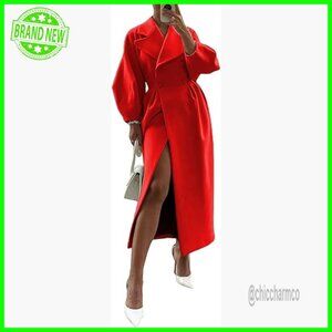 Women's Wool Pea Coat Double Breasted Ankle Length Trench Coat Lantern Sleeve